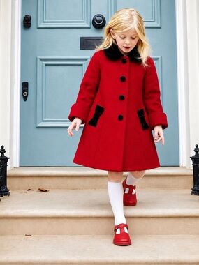 Rothschild Tailored Toddler Scarlet Red Wool Pleated Coat Black Bow